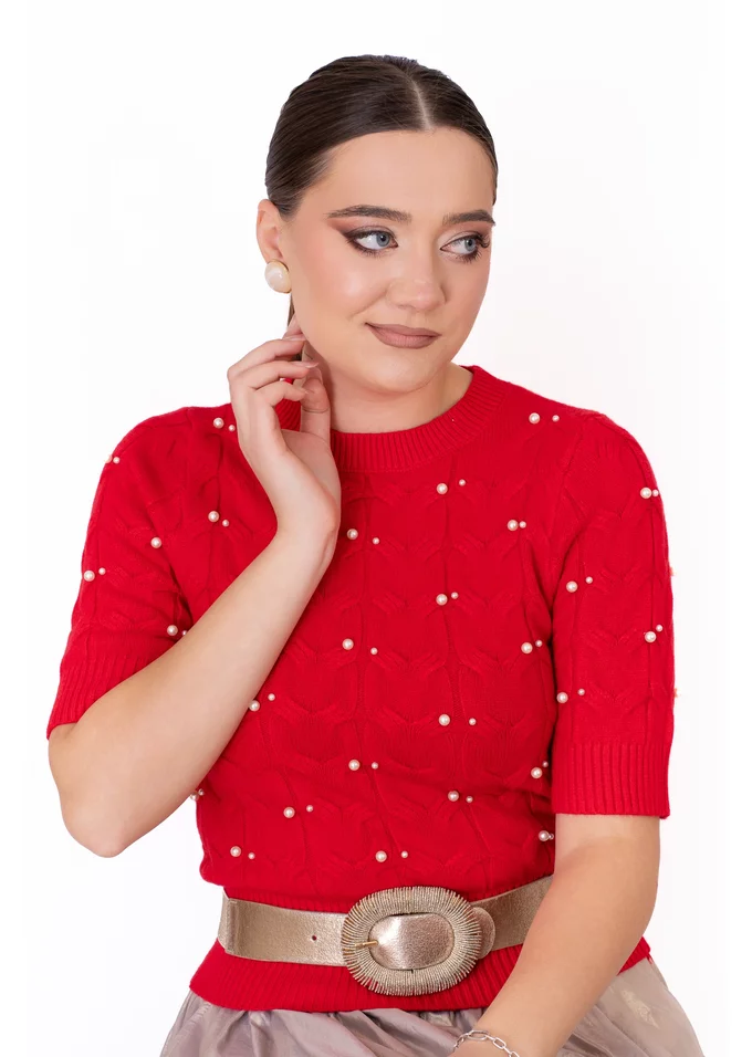 Bluza tricotata rosie cu maneca scurta si perle
