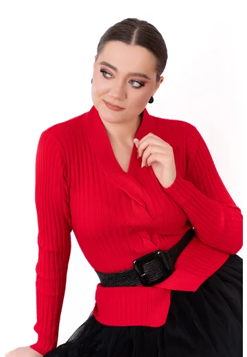 Bluza tricotata rosu cu model rasucit