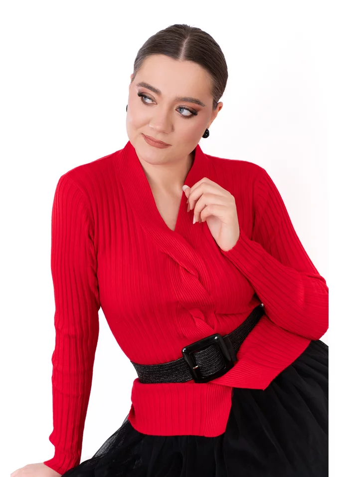 Bluza tricotata rosu cu model rasucit