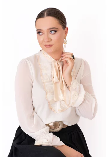 Bluza unic gold whisper cu esarfa aurie satinata si jabou brodat