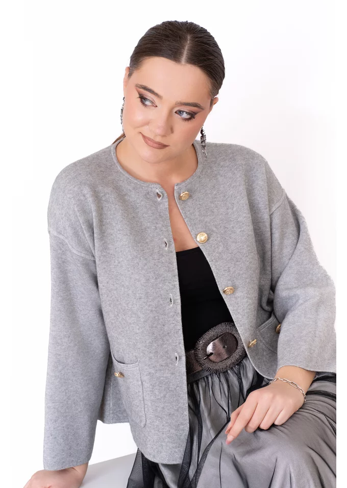 Cardigan elegant gri cu nasturi metalici statment si buzunare fine