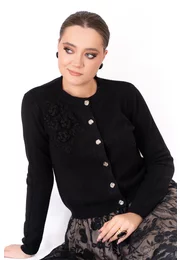 Cardigan elegant negru cu nasturi metalici si broderie din tricot