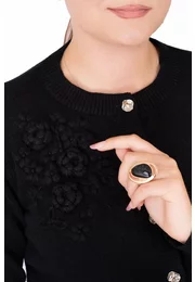 Cardigan elegant negru cu nasturi metalici si broderie din tricot