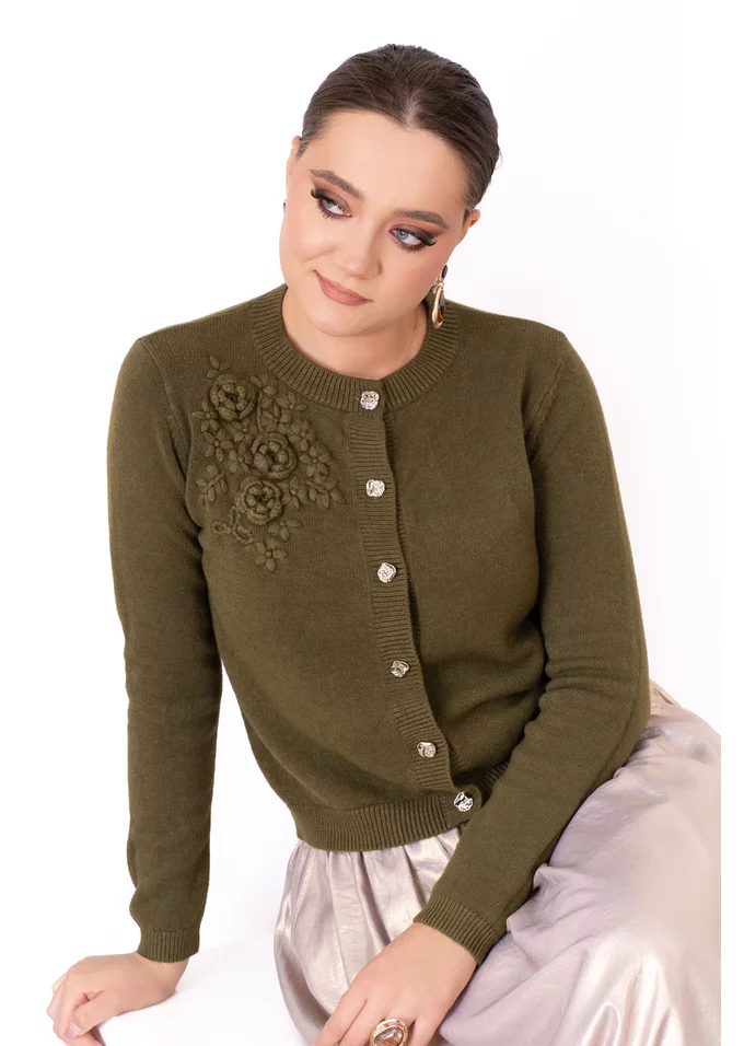 Cardigan elegant verde kaki  cu nasturi metalici si broderie din tricot