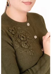 Cardigan elegant verde kaki  cu nasturi metalici si broderie din tricot