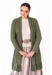 Cardigan verde kaki cu maneca lunga si franjuri