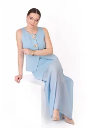 Compleu bleu cu vesta si fusta midi