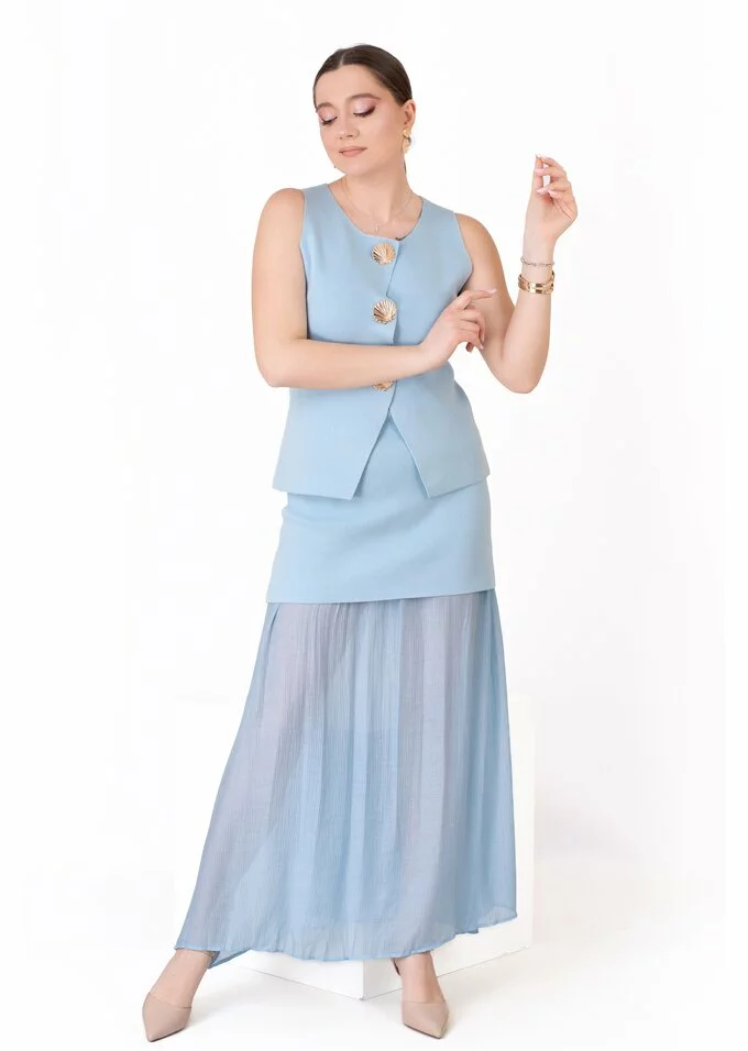 Compleu bleu cu vesta si fusta midi
