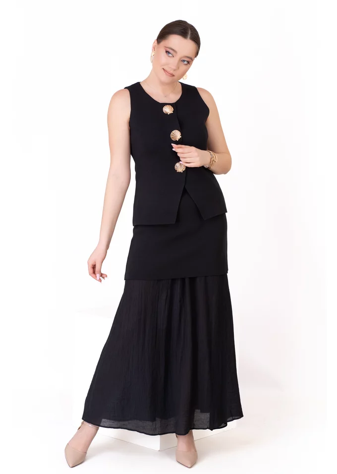 Compleu negru cu vesta si fusta midi