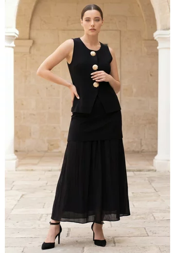 Compleu negru cu vesta si fusta midi