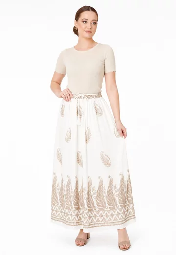 Fusta alba lejera decorata cu broderie aurie