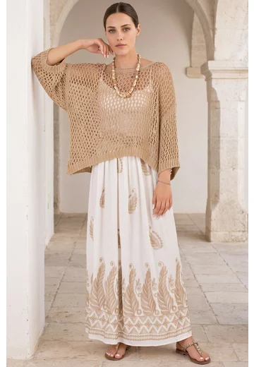 Fusta alba lejera decorata cu broderie aurie