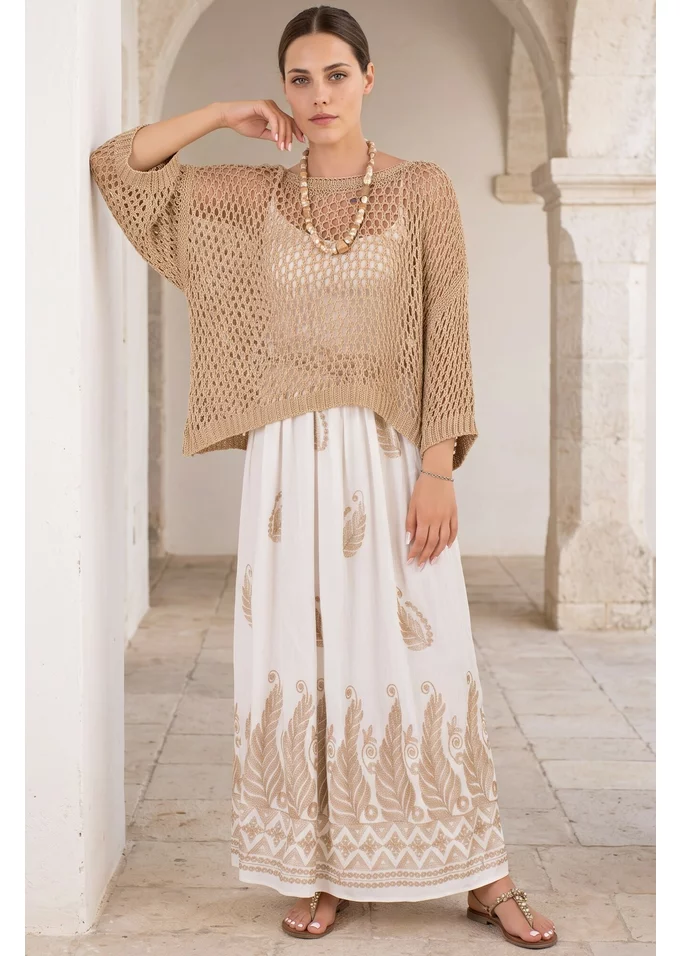 Fusta alba lejera decorata cu broderie aurie
