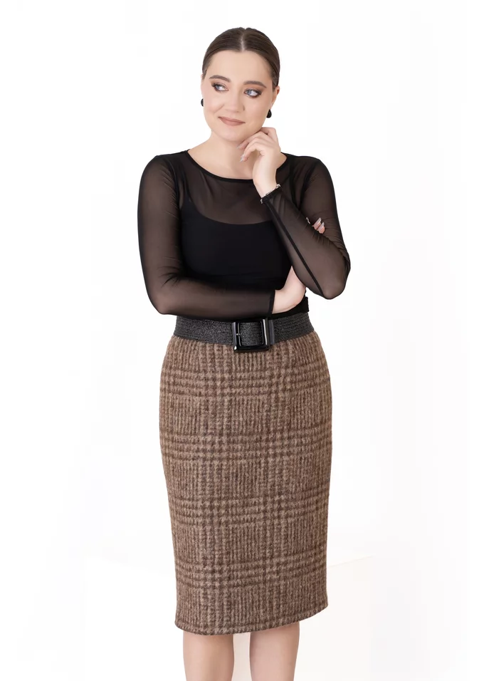 Fusta cafe au lait conica din lana cadrilata