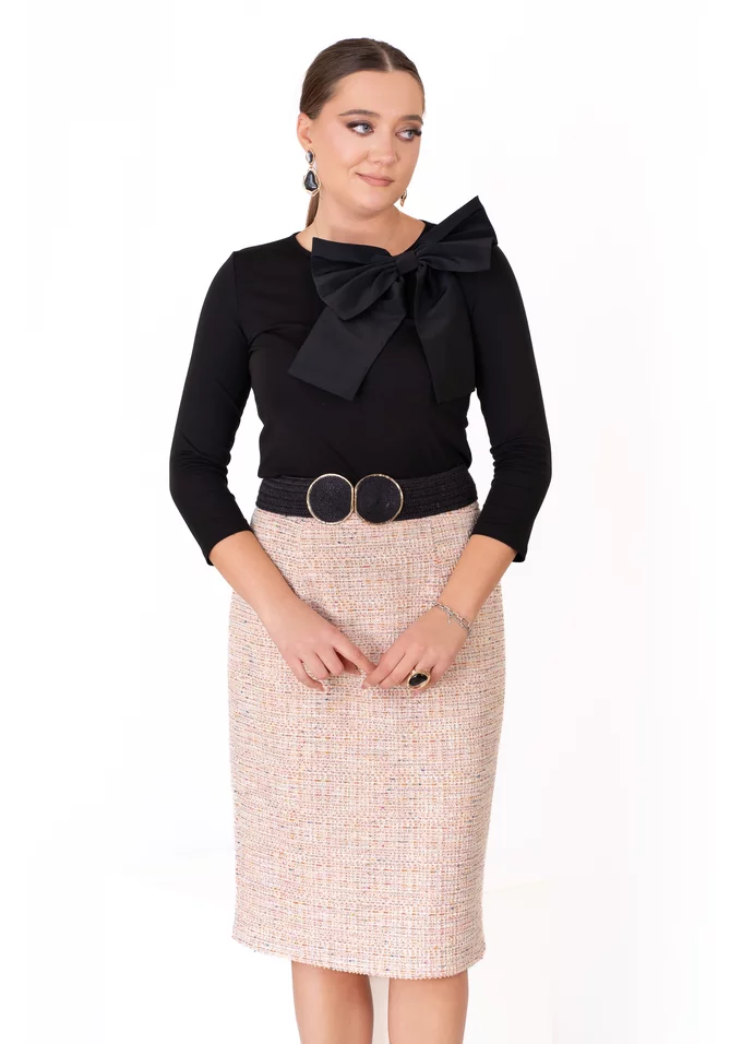 Fusta conica soft din tweed pepit peach