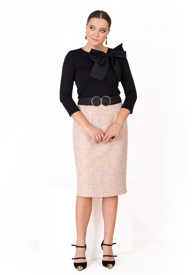 Fusta conica soft din tweed pepit peach