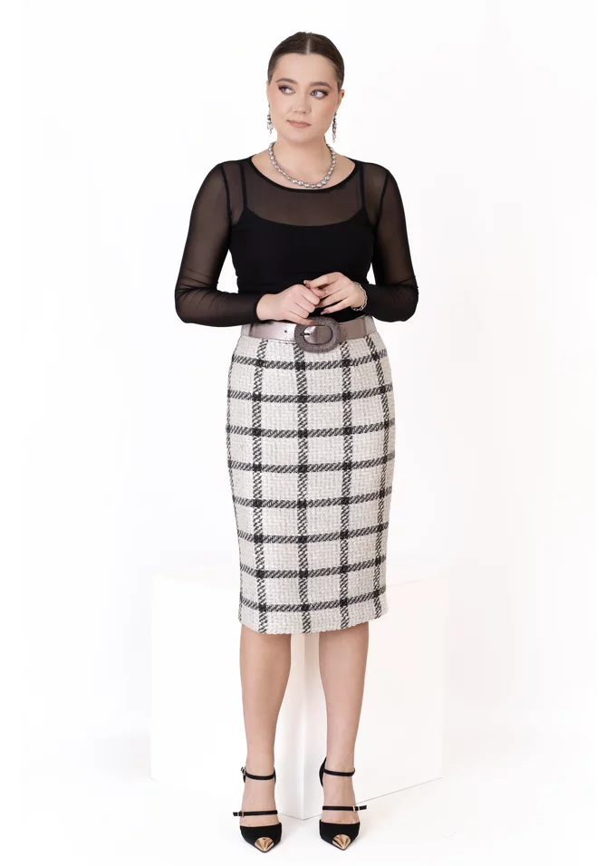 Fusta conica sweet cream din tweed