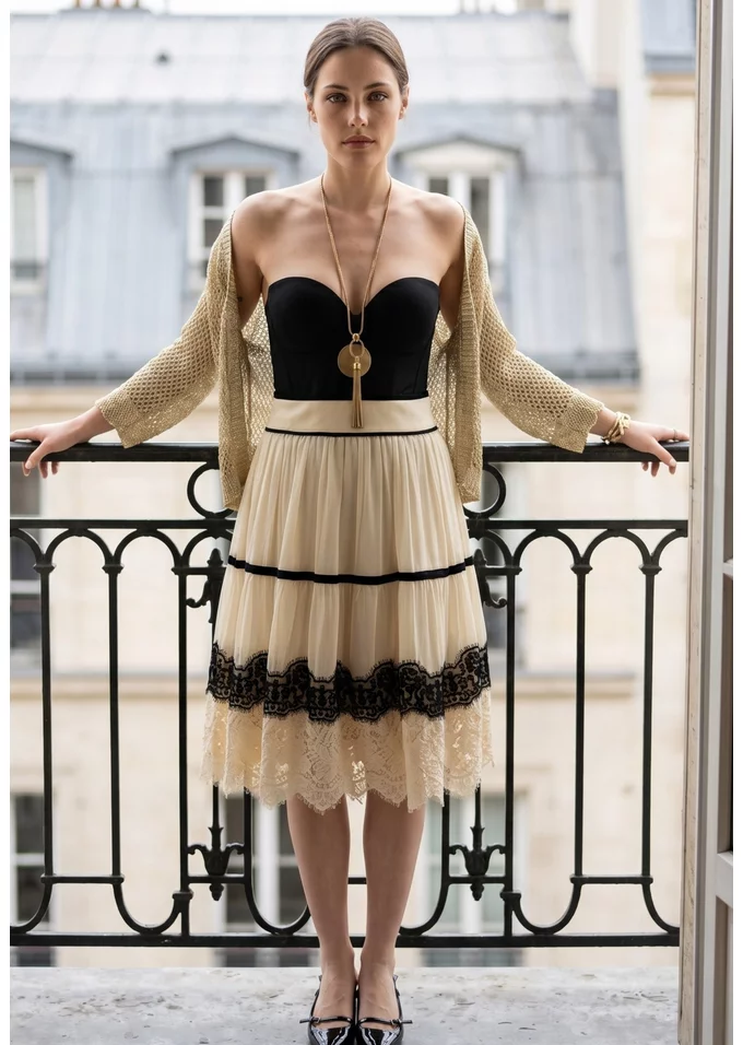 Fusta cream seraphina cu insertii din dantela cream black