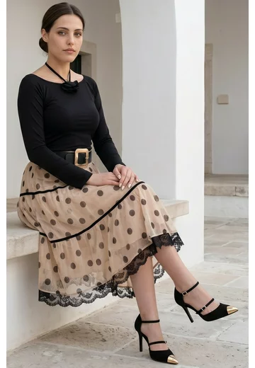 Fusta creamy dots din voal de vascoza creponata