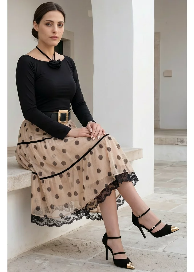 Fusta creamy dots din voal de vascoza creponata