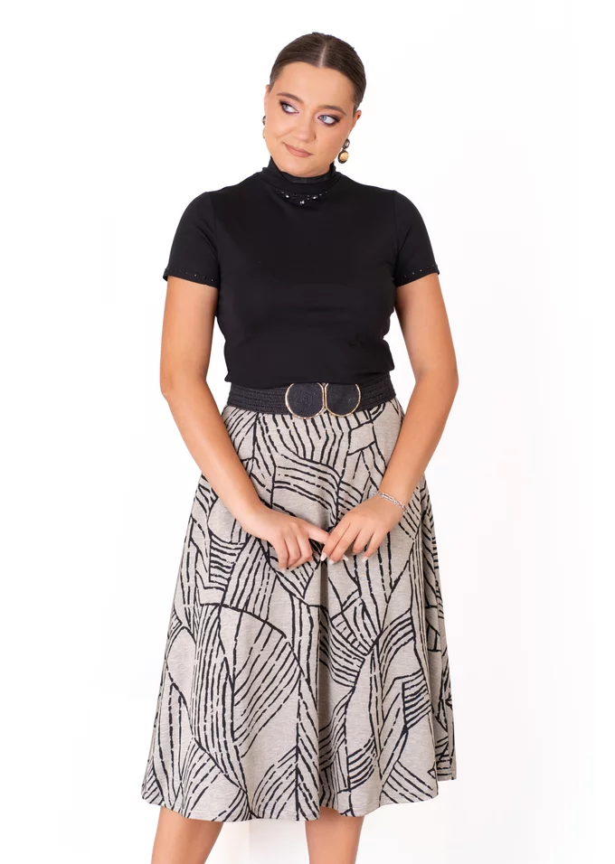 Fusta cu insertii negre din jerse gri cu print abstract