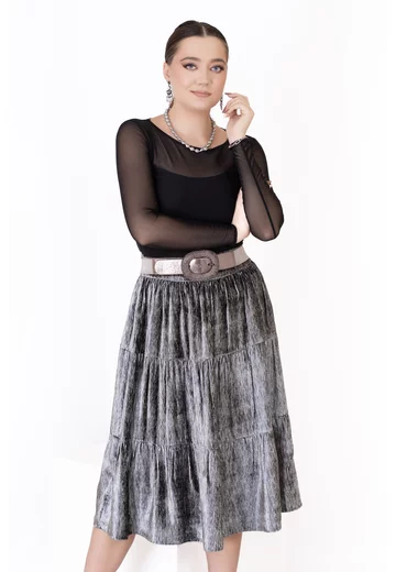 Fusta din catifea cu matase velvet silver cu dungi fine in volane