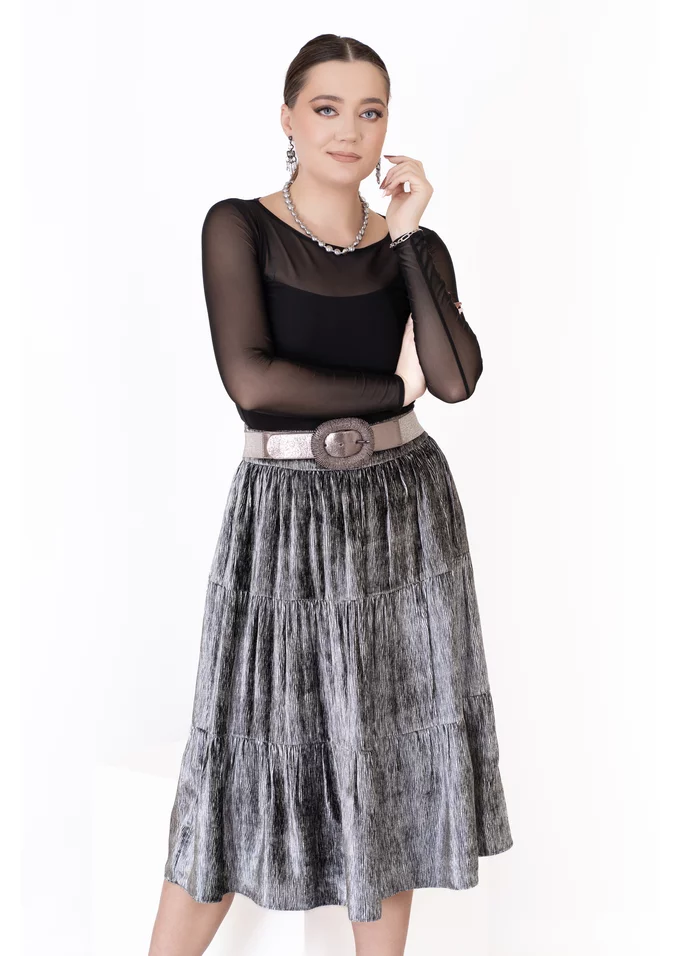 Fusta din catifea cu matase velvet silver cu dungi fine in volane