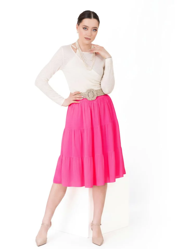 Fusta din voal bright pink cu volane crescendo