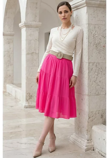 Fusta din voal bright pink cu volane crescendo