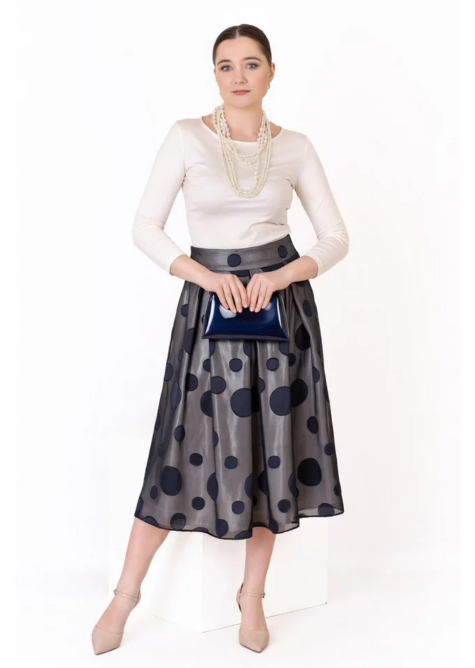 Fusta elegance decorata cu buline navy