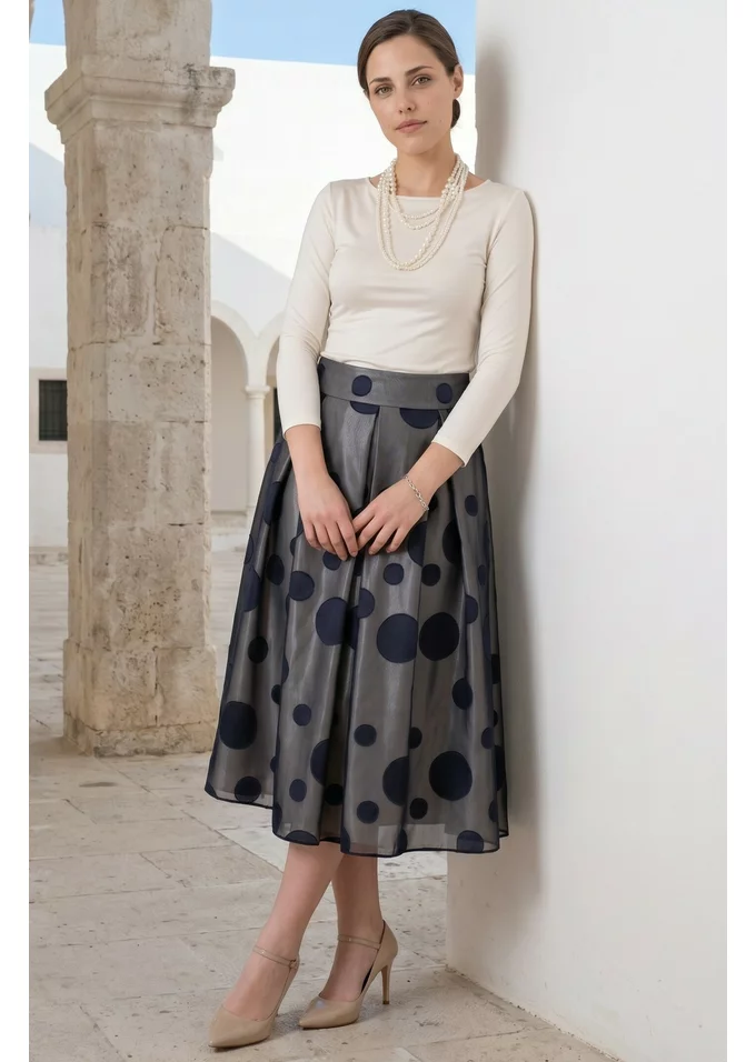 Fusta elegance decorata cu buline navy