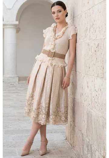 Fusta eleganta cream delight din organza glittery cu broderie florala