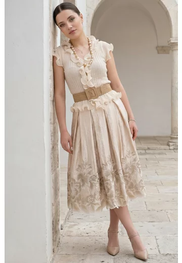 Fusta eleganta cream delight din organza glittery cu flori brodate