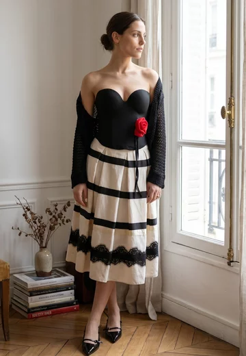 Fusta eleganta in dungi cream black decorata cu broderie