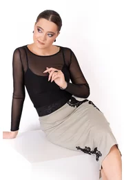 Fusta glacier din stofa pepit decorata cu  broderie neagra