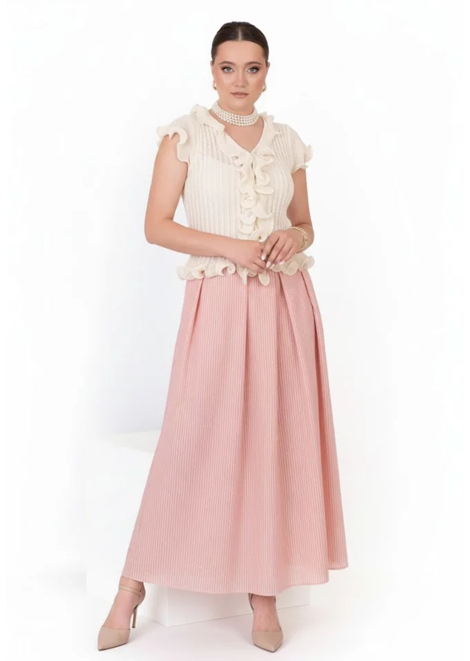Fusta lunga din organza cream peach cu dungi fine