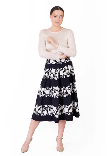 Fusta magnolia din poplin negru cu dungi florale