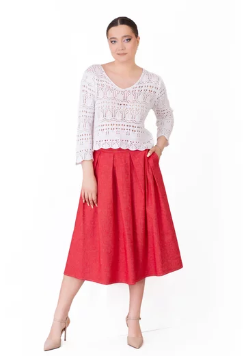 Fusta poppie din denim cu tighele de contrast