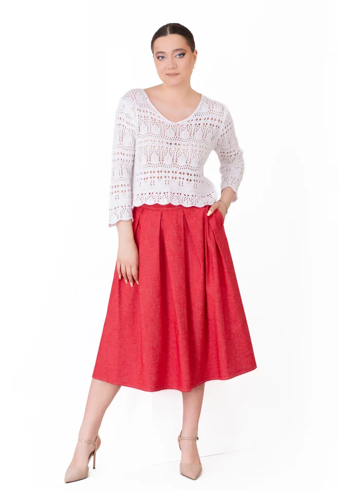 Fusta poppie din denim cu tighele de contrast
