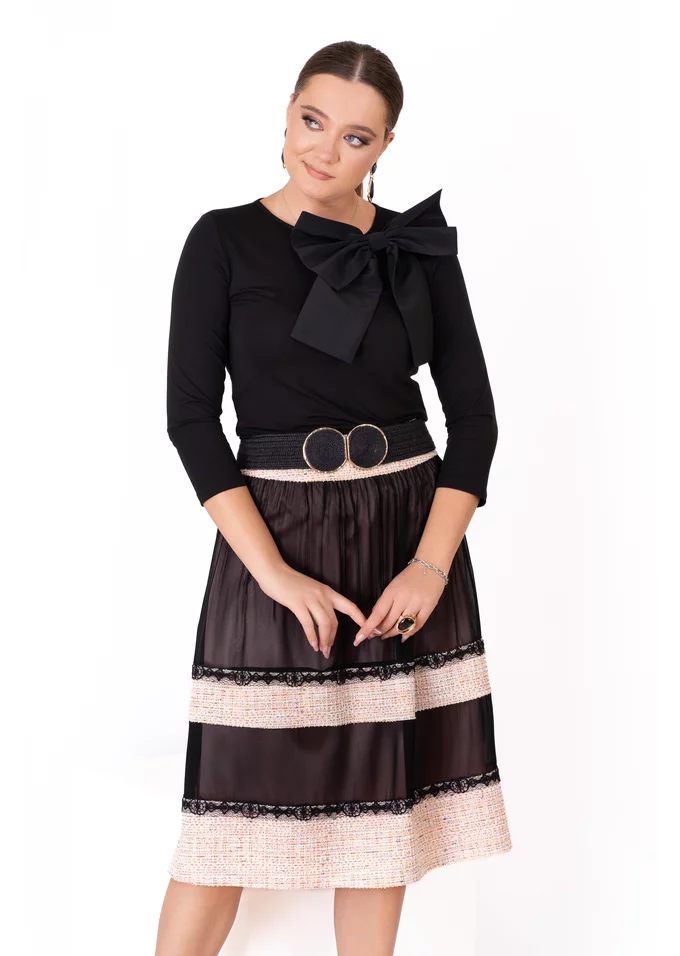 Fusta soft din tweed pepit peach cu transparente fine din voal