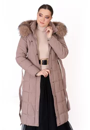 Geaca din fas crem cu cordon si gluga decorata cu blana ton in ton