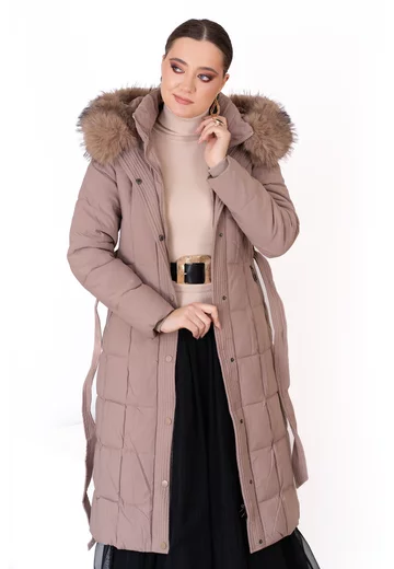 Geaca din fas crem cu cordon si gluga decorata cu blana ton in ton