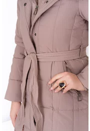 Geaca din fas crem cu cordon si gluga decorata cu blana ton in ton