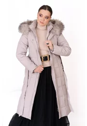 Geaca din fas gri deschis cu cordon si gluga decorata cu blana ton in ton