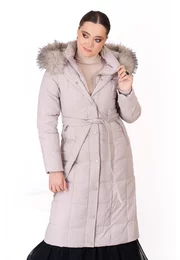 Geaca din fas gri deschis cu cordon si gluga decorata cu blana ton in ton