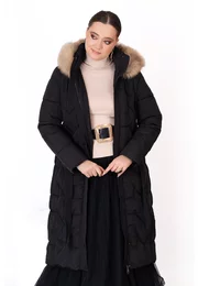 Geaca din fas ineagra cu cordon si  gluga decorata cu blana bej