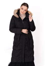 Geaca din fas ineagra cu cordon si  gluga decorata cu blana bej