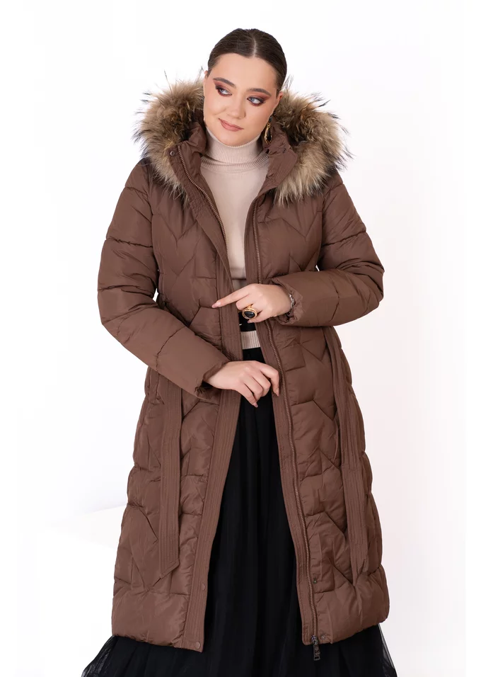 Geaca din fas maro cu cordon si  gluga decorata cu blana bej