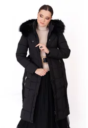 Geaca din fas neagra  cu cordon si gluga decorata cu blana ton in ton