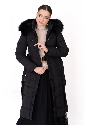 Geaca din fas neagra  cu cordon si gluga decorata cu blana ton in ton